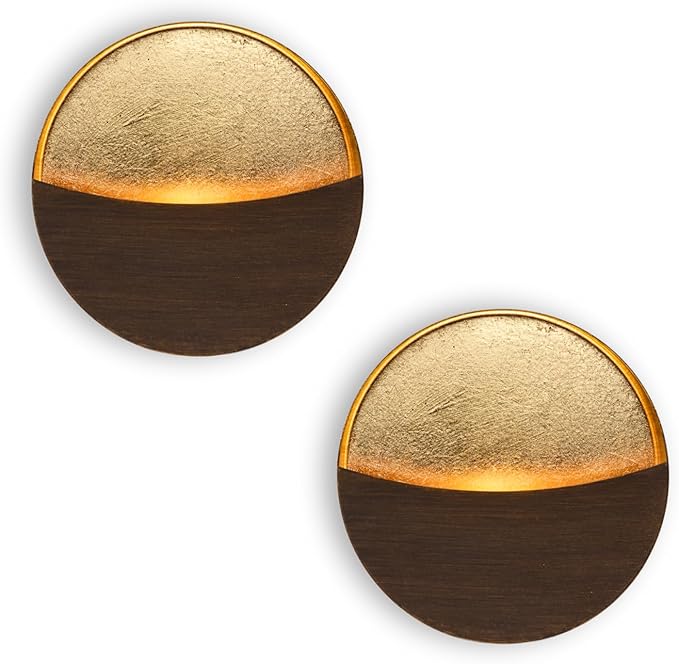 Eclipse Wall Candle Holder Set of 2, Metal Candle Sconces with Brushed Wood Grain and Gold Interior, Christmas Wall Decor for Living Room, Bedroom, and Modern Farmhouse by Batoslee