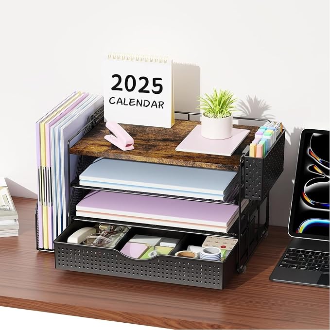 gianotter Wood Desk Organizers and Accessories with File Sorters, 4-Tier Desk Accessories & Workspace Organizers with Drawer and Pen Holder, Desk Reference Organizer (Wood, 4T with Drawer) - Image 5