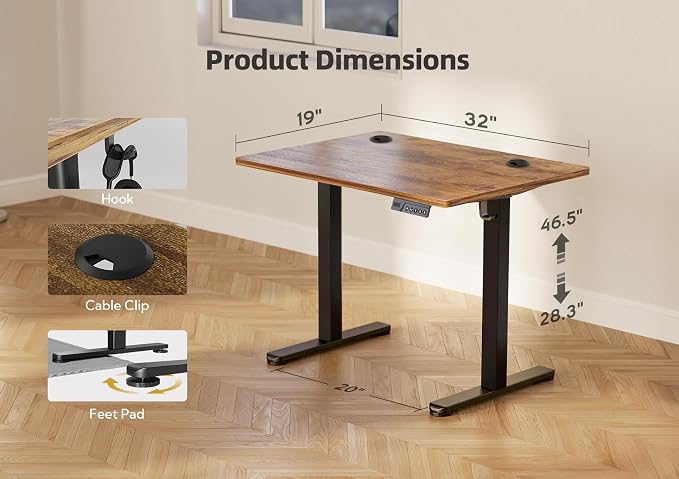 YDN 32 x 19 Inch Rustic Brown Electric Standing Desk | Adjustable Height, Sit Stand, Cable Management, Ergonomic, Home Office - Image 3