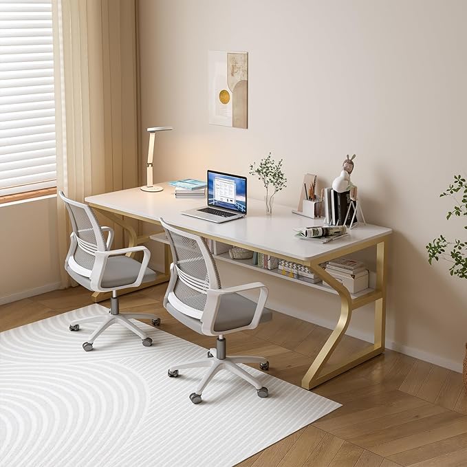 OSCHF 63-Inch Extra Long Desk with Storage Shelf, Gold | Double Long Writing Table, Space-saving, 2-Person Workstation, Modern Study Work Computer Desk, For Home Office - Image 7