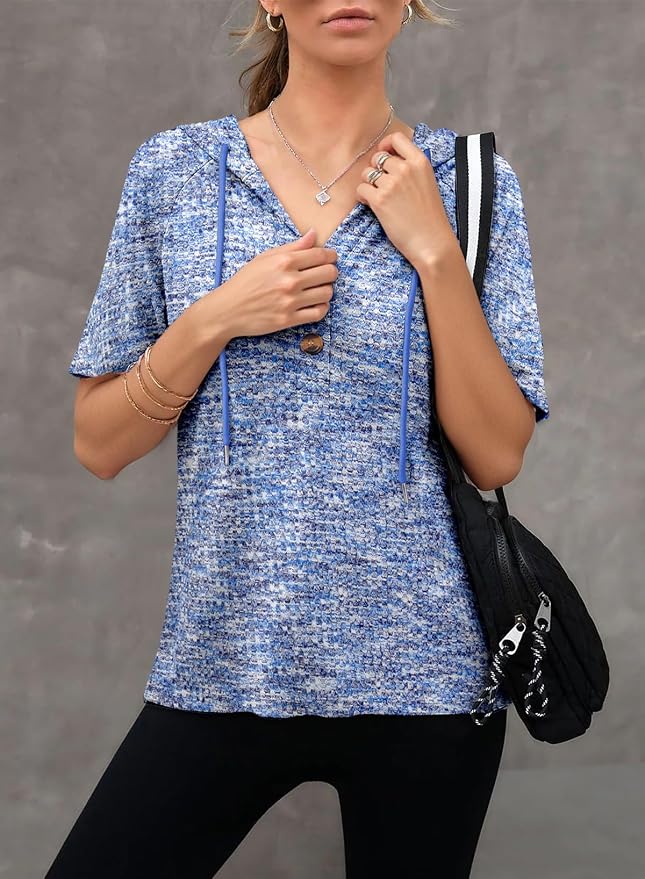 Dokotoo Womens Summer Tops 2026 Short Sleeve Button V Neck Waffle Knit Lightweight Drawstring Hoodies Casual Blouses Shirts - Image 4