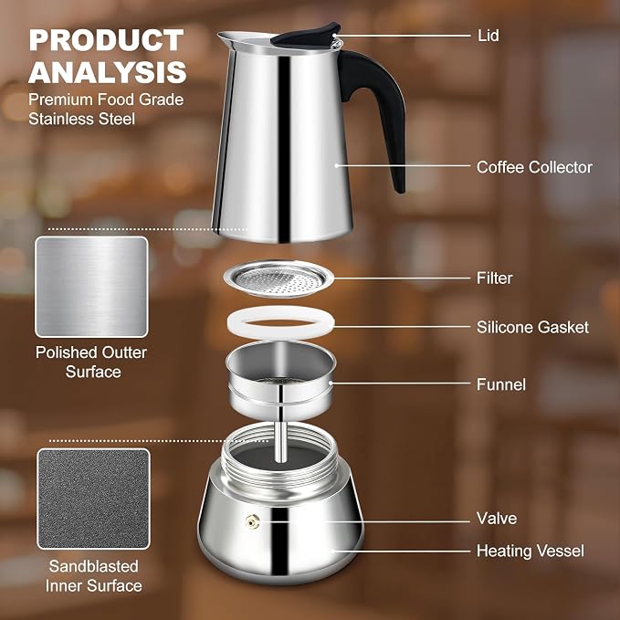 6 Cup Stovetop Espresso Maker Stainless Steel Moka Pot Stove Top Percolator Italian Coffee Makers Capable Mocha Greca Machine Cafe Classic Induction Cookers for Home and Camping 300ml 10oz - Image 4