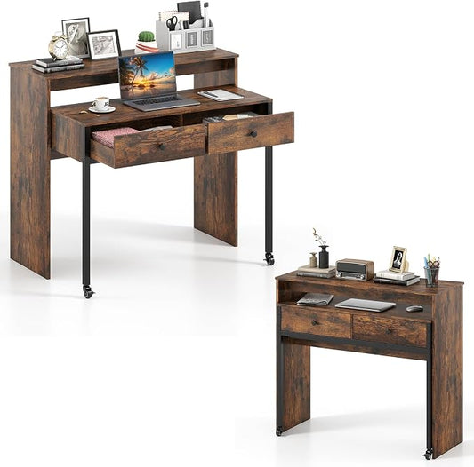Giantex Small Computer Desk with Hutch & Drawers, Extendable Writing Desk w/Pull Out Secondary Table, Monitor Stand & Rolling Wheels, Console Table, Compact Desk for Small Spaces (Rustic Brown) by Giantex