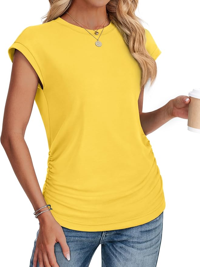 Sampeel Womens Summer Tops Trendy 2026 Ruched Cap Short Sleeve Tshirts Shirts Crew Neck T Shirts Fashion - Image 3