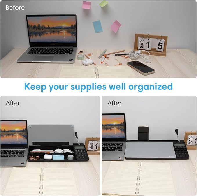Varhomax Glass Desk Whiteboard with Calculator, Desktop Dry Erase White Board with Storage, to Do List Memo Notepad for Home and Office - Image 5