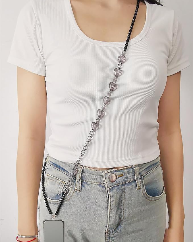 Phone Chain Crossbody Pearl Strap,Pearl Beaded Chain Shoulder Crossbody Lanyard with Phone Tether Patches Compatible with Most Phones Bag Purse - Image 5