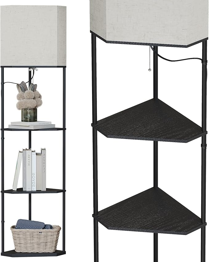 SUNMORY Sector Corner Shelf Lamp 3 Color Temperatures LED Bulb,Corner Lamps with Linen Lampshade, Floor Lamps for Living Room, Bedroom, Study, Black Standing Lamp with Shelves by SUNMORY
