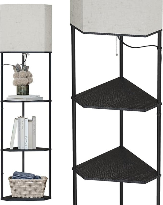 SUNMORY Sector Corner Shelf Lamp 3 Color Temperatures LED Bulb,Corner Lamps with Linen Lampshade, Floor Lamps for Living Room, Bedroom, Study, Black Standing Lamp with Shelves by SUNMORY