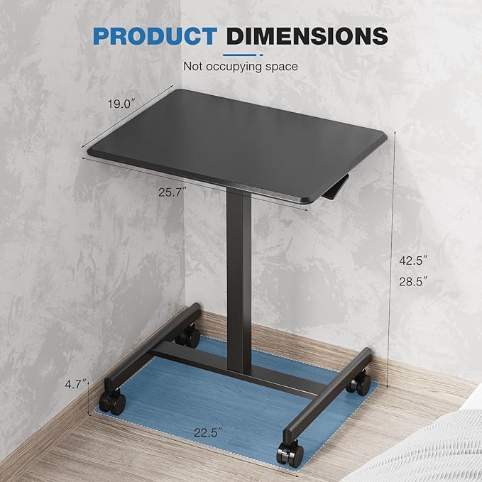 DUMOS Mobile Rolling Desk with Wheels Adjustable Height | Small Standing Desks Portable Laptop PC Table, Computer Workstation for Home Office Small Space, Black - Image 3