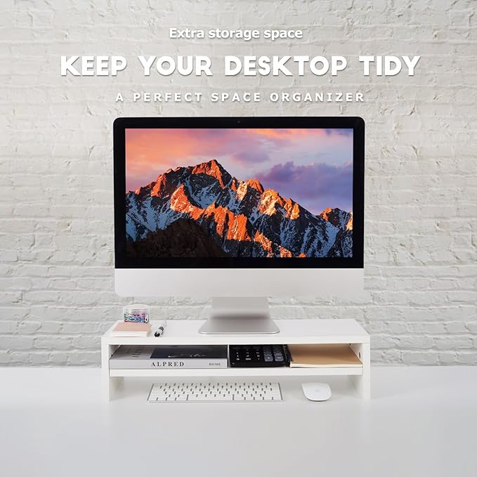 BEYGORM Monitor Stand Riser White, 21.6 inch 2 Tiers Wood Desk Shelf Computer Screen Stand with Storage for Desktop Laptop/Screen/TV/PC/Printer, Desk Shelf Organizer 21.6" L x 7.8" W x 5.2" H | For Full Keyboard, Computer Screen Stand with Storage for ... - Image 2