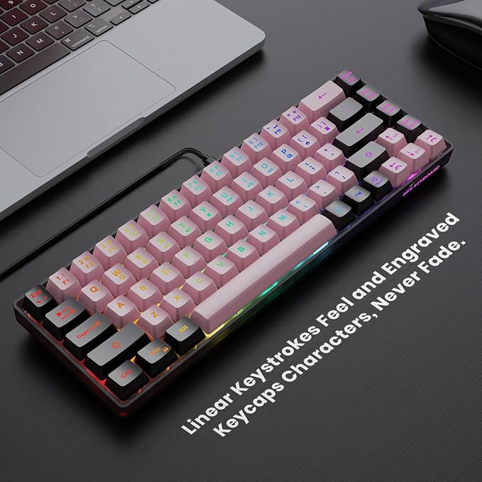 GEODMAER 65% Wired Gaming Keyboard, LED Backlit, Ultra-Compact Anti-Ghosting No-Conflict 68 Keys Membrane Gaming Wired Keyboard for PC Laptop Windows Gamer(Pink-Black) - Image 2