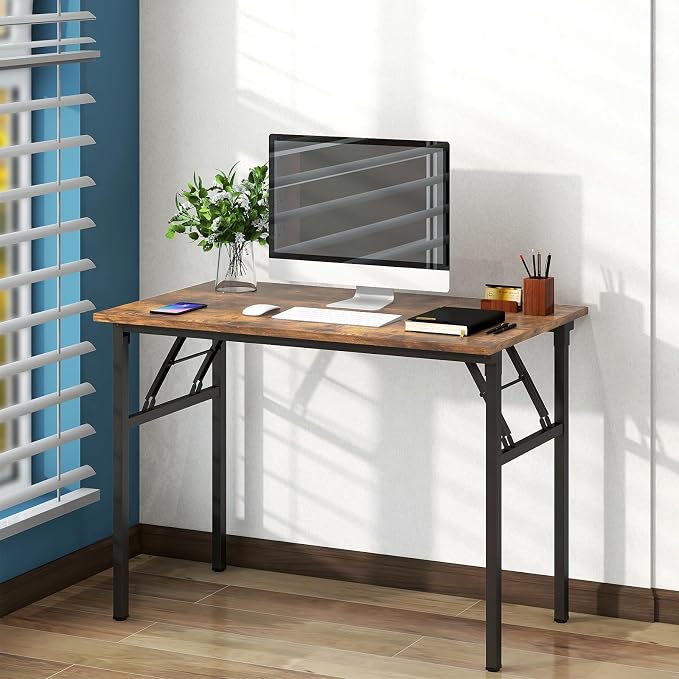 Need Office Computer Desk 39.3 Inch Sturdy Folding Laptop Table Retro | Black Frame Writing Gaming Work Table/Foldable Home Office Desk/Sewing Table, No Assembly Required - Image 2
