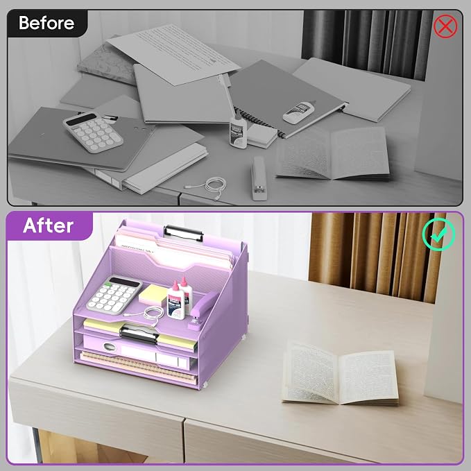 Desk File Organizer, 4 Letter Trays and 2 Upright Sections, Purple | Paper Organizer for Desk with Tiered Letter Trays and Vertical File Holders for Home Office, School and Workspace Use - Image 3