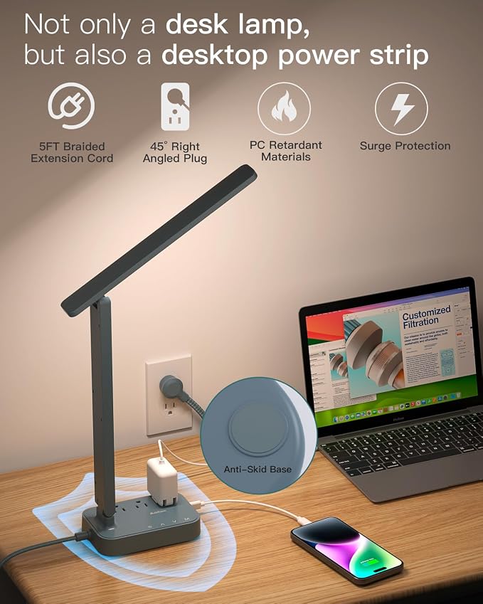 Addtam LED Desk Lamp, Power Strip with 3 Outlets 4 USB Charging Ports(2 USBC), 4 Modes 5 Level Brightness Touch Lamp, Small Desk Lamp for Home Office College Dorm Room Essentials, Blue - Image 5