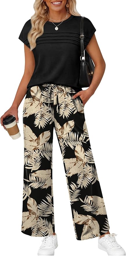 WIHOLL Two Piece Set for Women Summer Spring Outfits Matching Sets Women Clothing Airport Travel Vacation Wide Leg Pants by WIHOLL