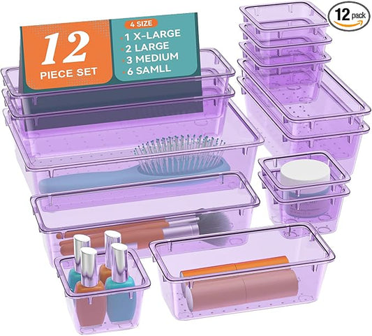 12 PCS Drawer Organizer Set, Makeup Organizers, Tool Storage Trays, Pueple | 4 Sizes, Plastic, Stackable, Multiple Gadgets, Desk Drawer Divider Organizers, for Makeup, Office Supplies Storage by Unknown