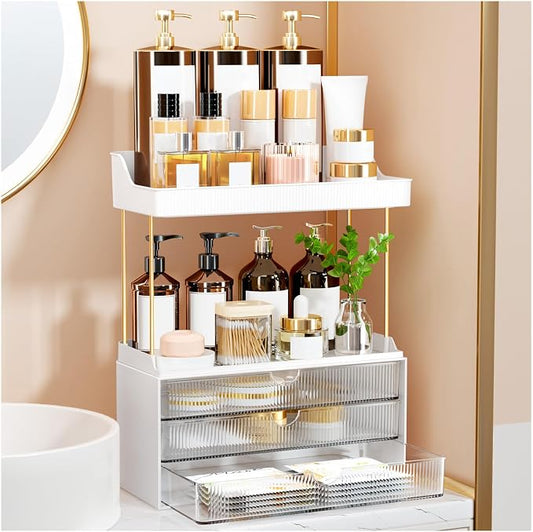 StorBin Arcylic 5-Tier Makeup & Skincare Organizer for Vanity, Bath | Smooth 3 drawers, clear body, gold frame, non-slip, for perfumes, serums, face masks, palettes, vanity & bath counter,Clear by Unknown