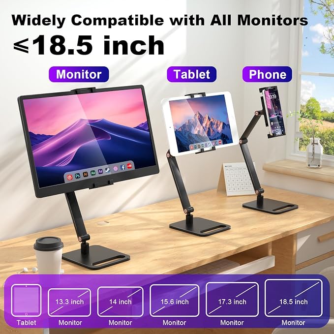 Portable Monitor Stand Holder for 6-18.5 Inch,Universal Desktop Version Expandable Display Base Adjustable Portable Monitor Desktop Clamp,Long Stand,Tablet Stand ,Compatible with Larger Sizes - Image 2