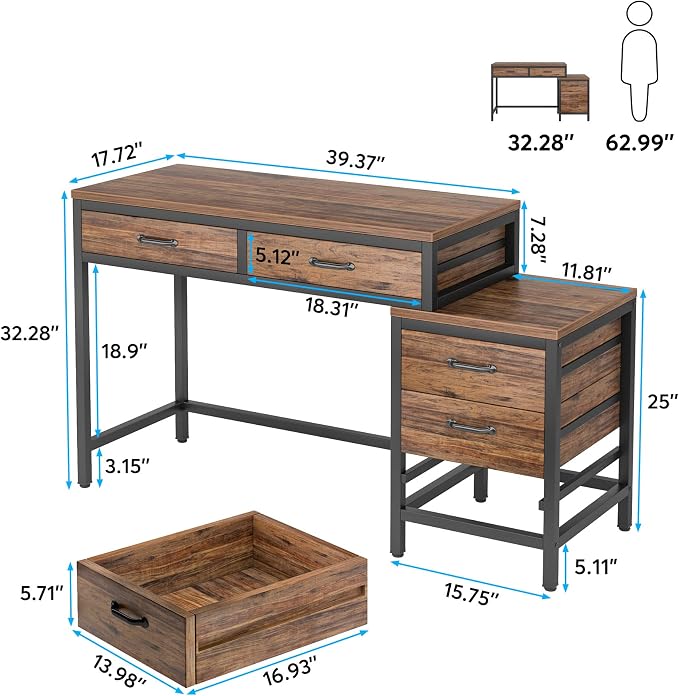 Tribesigns Computer Desk with 5 Drawers, Reversible Home Office Desks | Small Desk with Drawer Cabinet Printer Stand, PC Desk with Storage, Rustic Study Writing Table Workstation for Small Spaces - Image 3