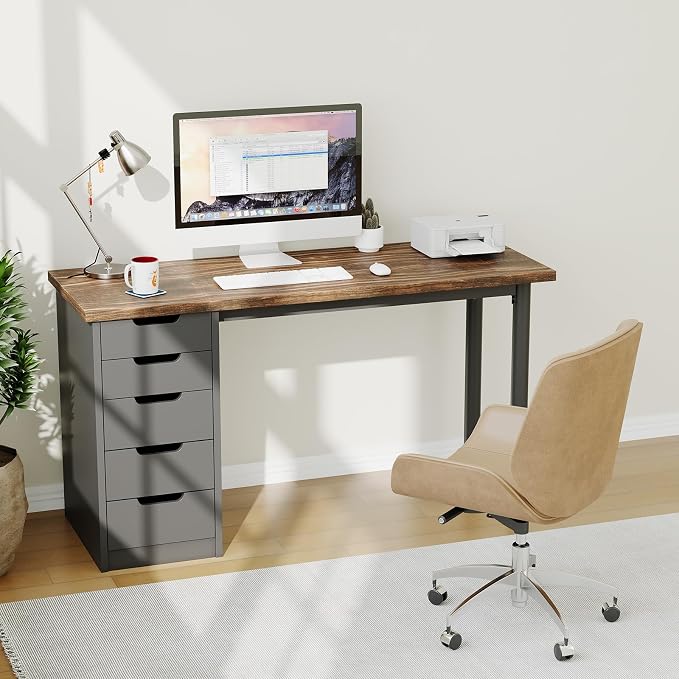 Garvee Computer Desk with 5 Drawers, 47 Inch Modern Simple Study Writing Desk with Storage, Rustic Home Office Desk, Reversible Computer Desk for Small Spaces, Apartments, Dorms, Brown+Black - Image 8