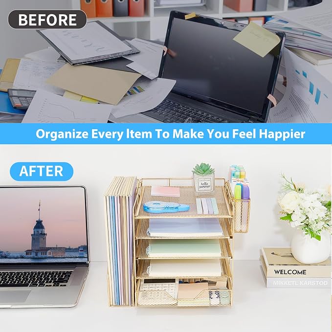 Desk Organizers and Accessories, 5-Tier Paper Letter Tray Organizer with File Holder, Drawer & Pen Holder, Office Desk Accessories, Desktop Organizer for Classroom Office Supplies, Gold - Image 4