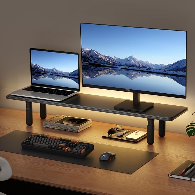 AFOOYO Dual Monitor Stand for Desk, Adjustable Height Wood Computer Riser, Ergonomic Monitor Shelf for Laptop, Printer, TV, Black - Large Storage Space, Sturdy Desk Organizer for Home & Office,Black by AFOOYO