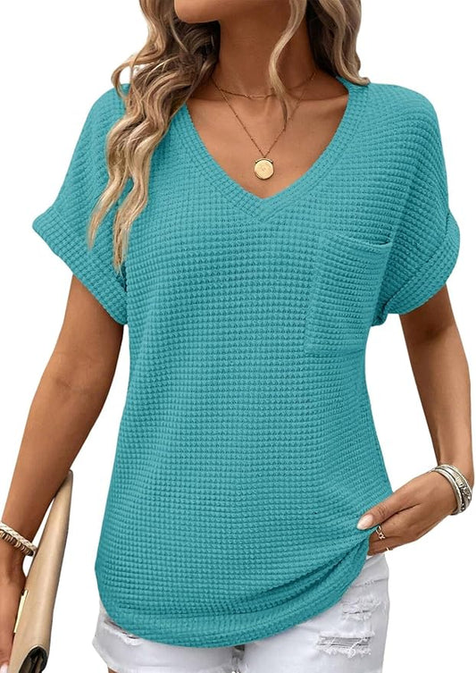 Dokotoo Womens Waffle Knit Tops 2026 Spring Summer V Neck Shirts Casual Trendy Women's Blouses Basic Tee by Dokotoo