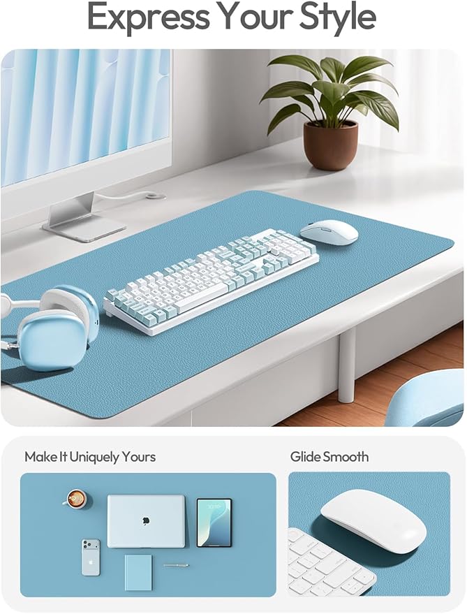 YSAGi Leather Desk Protector, Office Mat, Large Mouse Mat, Non-Slip PU Leather Blotter, Laptop Desk Mat, Waterproof Writing Pad for Office and Home (Sea Blue, 47" x 17") - Image 2