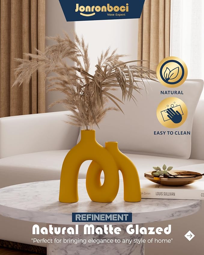 Hug Donut Decorative Vase Set - Yellow Vase, Modern Nordic Boho Style Vases Home Decor, Matte Ceramic Decorations for Living Room Shelf, Bookshelf Mantle Entryway Table or Console Décor (Yellow) - Image 4