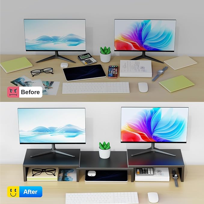 Dual Monitor Stand for Desk, Metal Computer Stand, Desk Shelf Riser,Desktop Organizer for Home and Office Use (Black) - Image 2