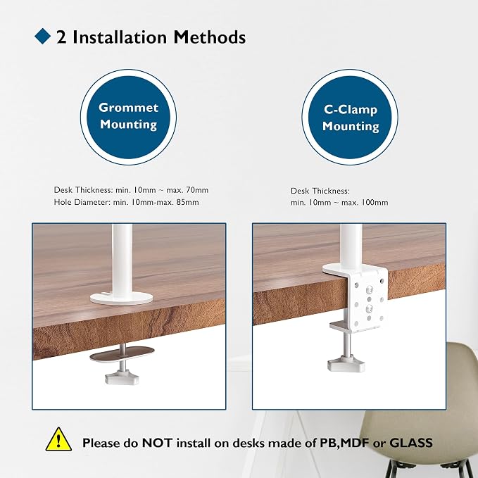BONTEC Dual Monitor Desk Mount, 13-27 Inch, 22lbs, VESA 75x75/100x100,White | Full Motion Adjustable Stand, Heavy Duty Arms, C Clamp and Grommet Base, Cable Management for Flexible Screen Positioning - Image 6