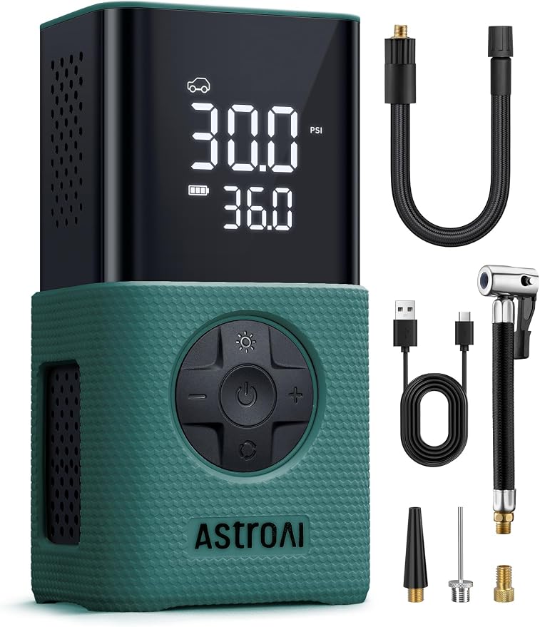 AstroAI L7S Tire Inflator Portable Air Compressor Cordless with Digital Pressure Gauge, 150 PSI LED Light Bike Air Pump with Fast Inflation & Auto Shut-Off for Car Tires,Motorcycles,Bikes,Balls,Green by AstroAI