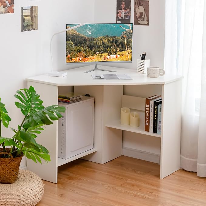 Tangkula White Corner Desk - 90 Degrees Triangle for Computer, Small Space, Bedroom, Makeup Vanity Desk with Storage Shelves & CPU Stand, Space Saving Writing Desk by TANGKULA