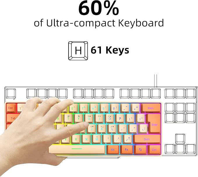 Snpurdiri 60% Wired Gaming Keyboard, RGB Backlit Ultra-Compact Mini Keyboard, Waterproof Mini Compact 61 Keys Keyboard for PC/Mac Gamer, Typist, Travel (Orange and Cream) | Backlit Ultra-Compact Mini Gaming Keyboard for PC/Mac Gamer, Typist, Travel - Image 3