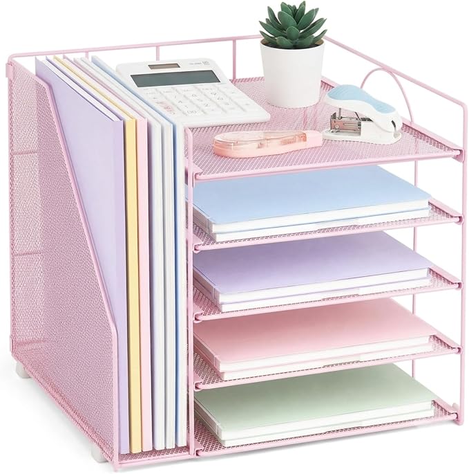 LEKETREE Desk Organizers and Accessories, 5-Tier Paper Letter Tray Organizer with File Holder, Desktop Organizer for Office Supplies (Pink) by Stylishworkspaceeffortlessorganization