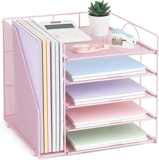 LEKETREE Desk Organizers and Accessories, 5-Tier Paper Letter Tray Organizer with File Holder, Desktop Organizer for Office Supplies (Pink) by Stylishworkspaceeffortlessorganization