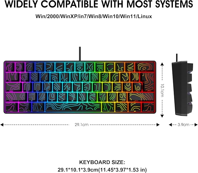 Snpurdiri 60% Wired Gaming Keyboard 61 Keys RGB (Contour Line-Black) | Backlit Small Gaming Keyboard Ultra-Compact for PC/Mac Gamer, Typist, Travel, Easy to Carry on Business Trip - Image 2