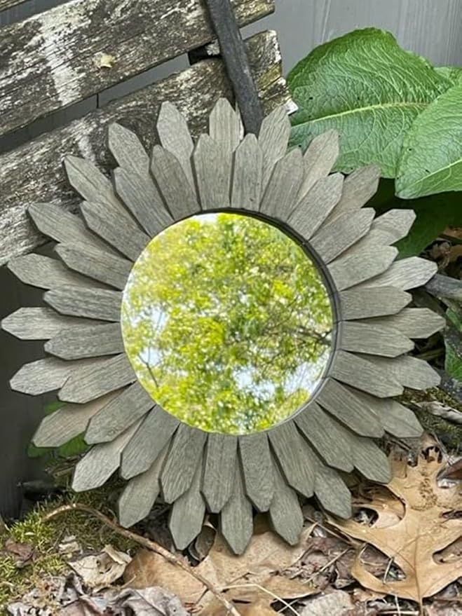 Honiway Farmhouse Wall Decor Mirror 12 inch Sunburst Boho Wood Mirror Rustic Home Decor Room Decoration for Bedroom Living Room Weathered Grey - Image 5