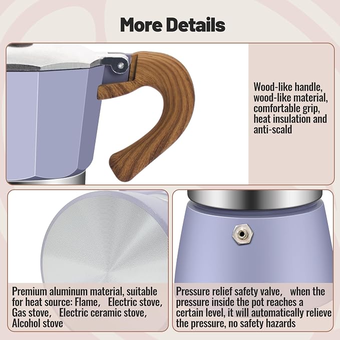 3 Cup Aluminum Moka Pot Purple Classic Stovetop Espresso Coffee Maker 150ml 5oz Coffeemaker Percolator Mocha Pot Greca Coffee Maker Cafe Makers for Italian and Cuban Café Brewing Purple - Image 5