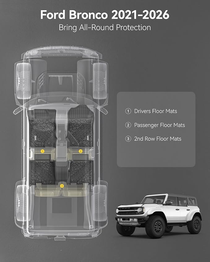 3W Floor Mats Fit for 2021-2025 2026 Ford Bronco 4-Door, All Weather TPE Custom Fit Bronco Floor Liners Car Accessories (Not Fit Sport & Vinyl Floor) - Image 7