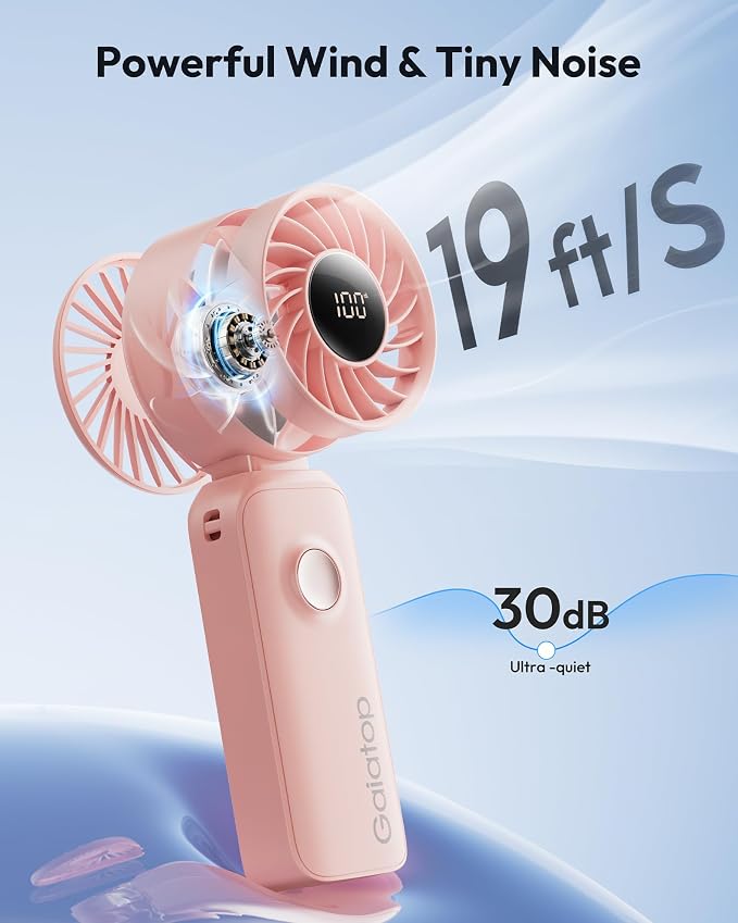 Gaiatop Portable Handheld Fan, 5 Speed Rechargeable Battery Max 18 Working Hours, 3 IN 1 Neck/Desk/Hand Fan Cooling for Travel, Beach, Women/Men Outdoor Activities Gifts - Pink - Image 3