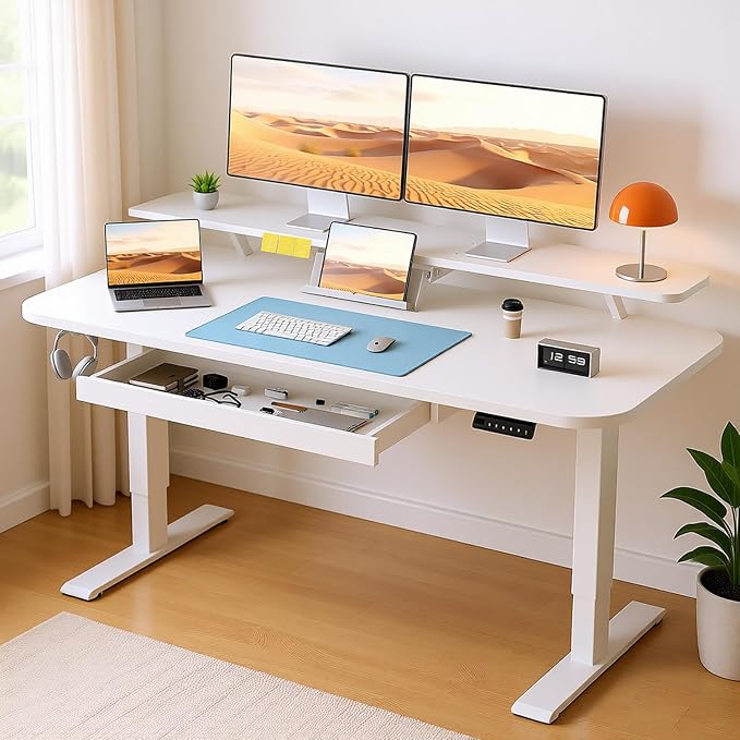 COMHOMA Electric Standing Desk with Drawers, 48 x 24'' Sit Stand up Desk with Monitor Stand, Laptop Stand, Height Adjustable Ergonomic Home Office Computer Desk with Memory Preset Controller by ComHoma
