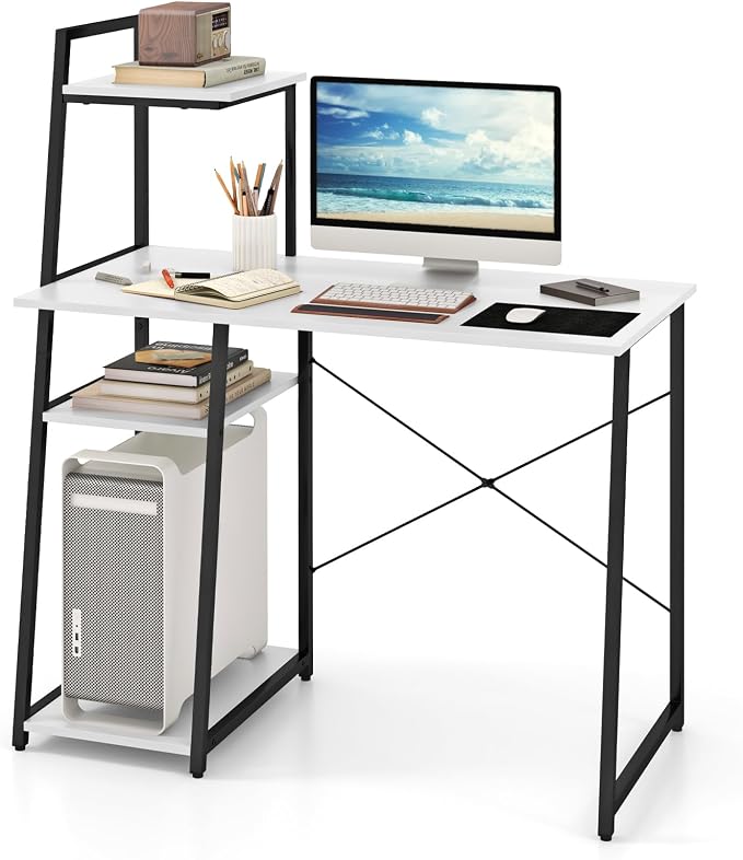 Giantex Computer Desk with Shelves, 47.5” Home Office Desk with Bookshelf, Host Stand, Metal Frame, PC Laptop Workstation, Modern Study Writing Desk for Bedroom, Small Space (White & Black) by Giantex