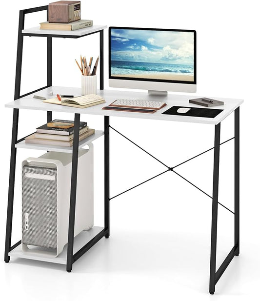 Giantex Computer Desk with Shelves, 47.5” Home Office Desk with Bookshelf, Host Stand, Metal Frame, PC Laptop Workstation, Modern Study Writing Desk for Bedroom, Small Space (White & Black) by Giantex