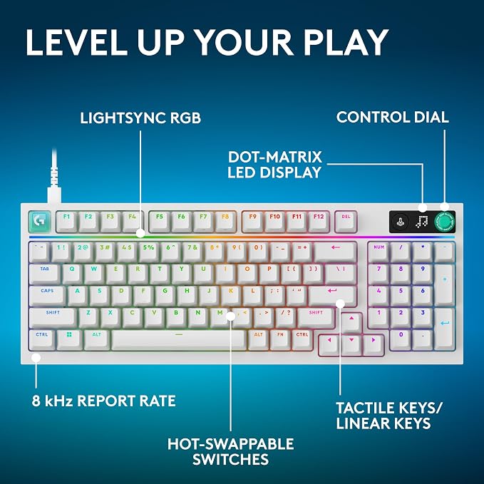 Logitech G316 X 98 MechanicalGaming Keyboard (Tactile) - White | Hot-Swappable Tactile Mechanical Switches, Gasket Design, PBT Keycaps, <8Khz, LIGHTSYNC RGB, Dot-Matxix LED Display, USB-C - Image 3