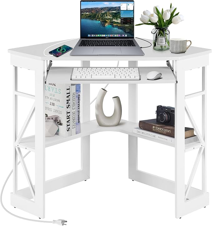 VECELO Corner Desk, Triangle Computer Desk for Small Space with Charging Station and Keyboard Tray, Corner Makeup Table with Storage Shelves for Home Office Bedroom, 41x30, White by VECELO