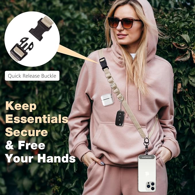 MoKo Universal Phone Lanyard, Nylon Adjustable Cell Phone Crossbody Strap Detachable Women & Men Cellphone Lanyards Around the Neck with Patches for iPhone, Most Smartphones, Light Khaki - Image 3