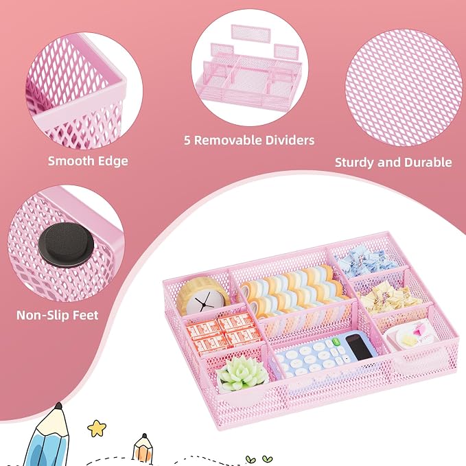 Marbrasse 2 Pack Desk Drawer Organizer, Mesh Drawer Organizer Tray with 8 Adjustable Compartments, Desk Organizers and Accessories, 5 Dividers Drawer for Office Supplies, Makeup & Vanity (Pink) - Image 6