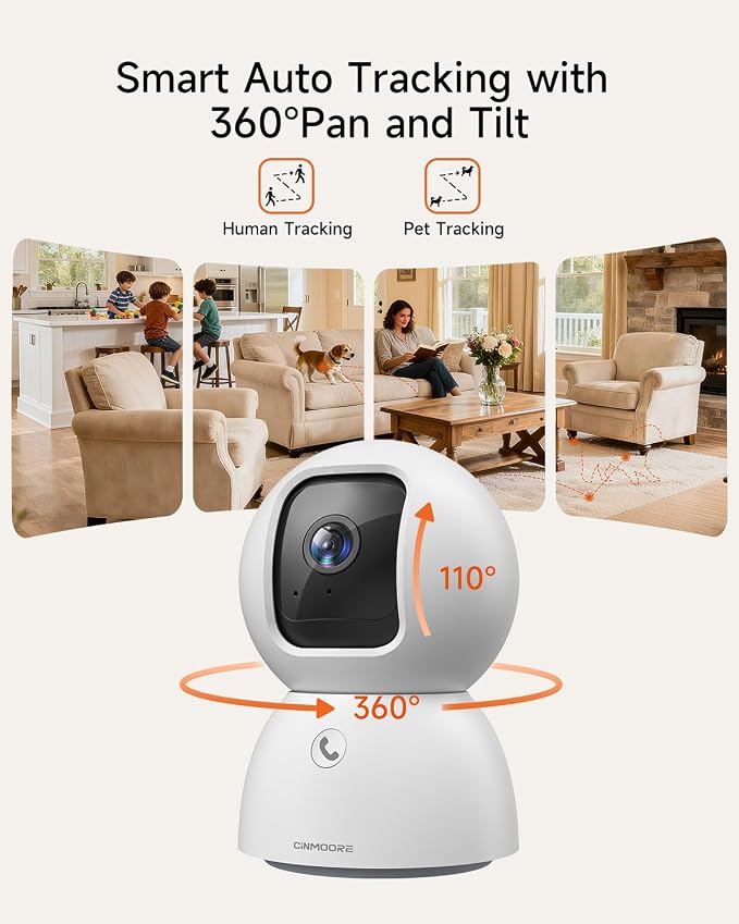 Smart 3K Indoor Dome Security Camera with AI Human/Pet/Facial Detection, 360° Pan-Tilt Coverage, 2-Way Audio, 2.4GHz 5GHz Dual-Band Wi-Fi - Includes 64GB SD Card & No Subscription Needed - Image 4
