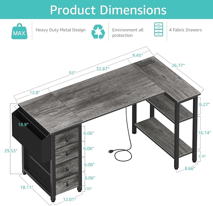 Lufeiya L Shaped Gaming Desk with Drawers & Storage Shelves, 55 Inch Corner Computer Desk with Power Outlet for Home Office Bedroom, L-Shaped Teen PC Desks with Fabric Drawer, Gray - Image 3